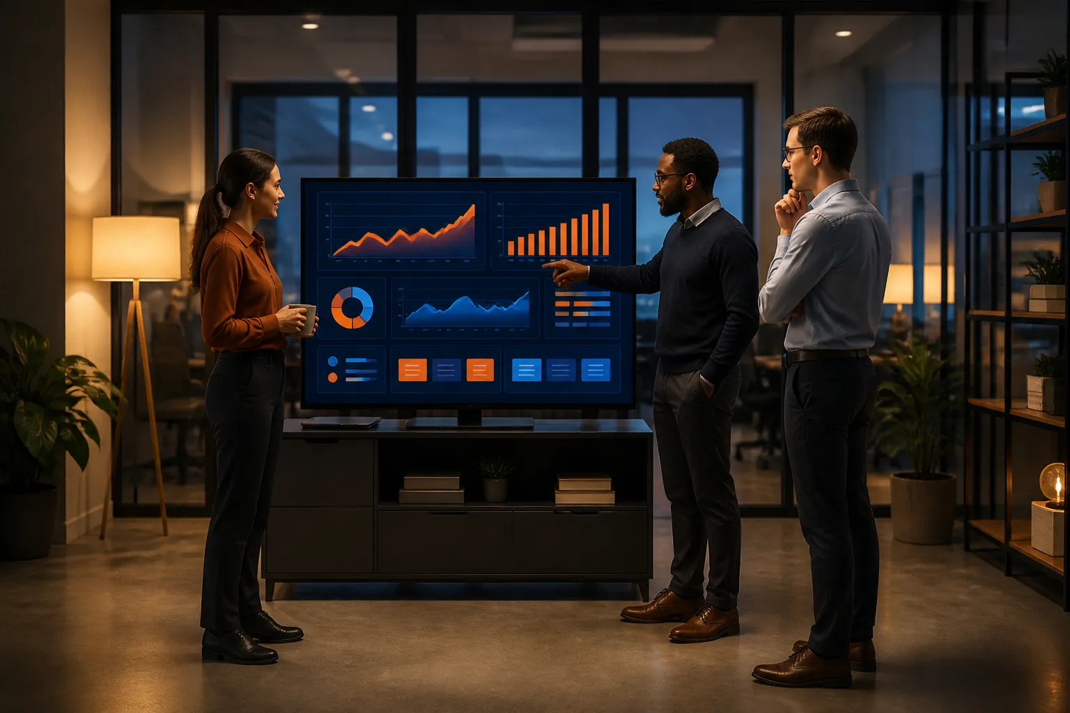 Team reviewing AI-generated marketing results and campaign dashboards showing strong growth metrics in a collaborative office setting