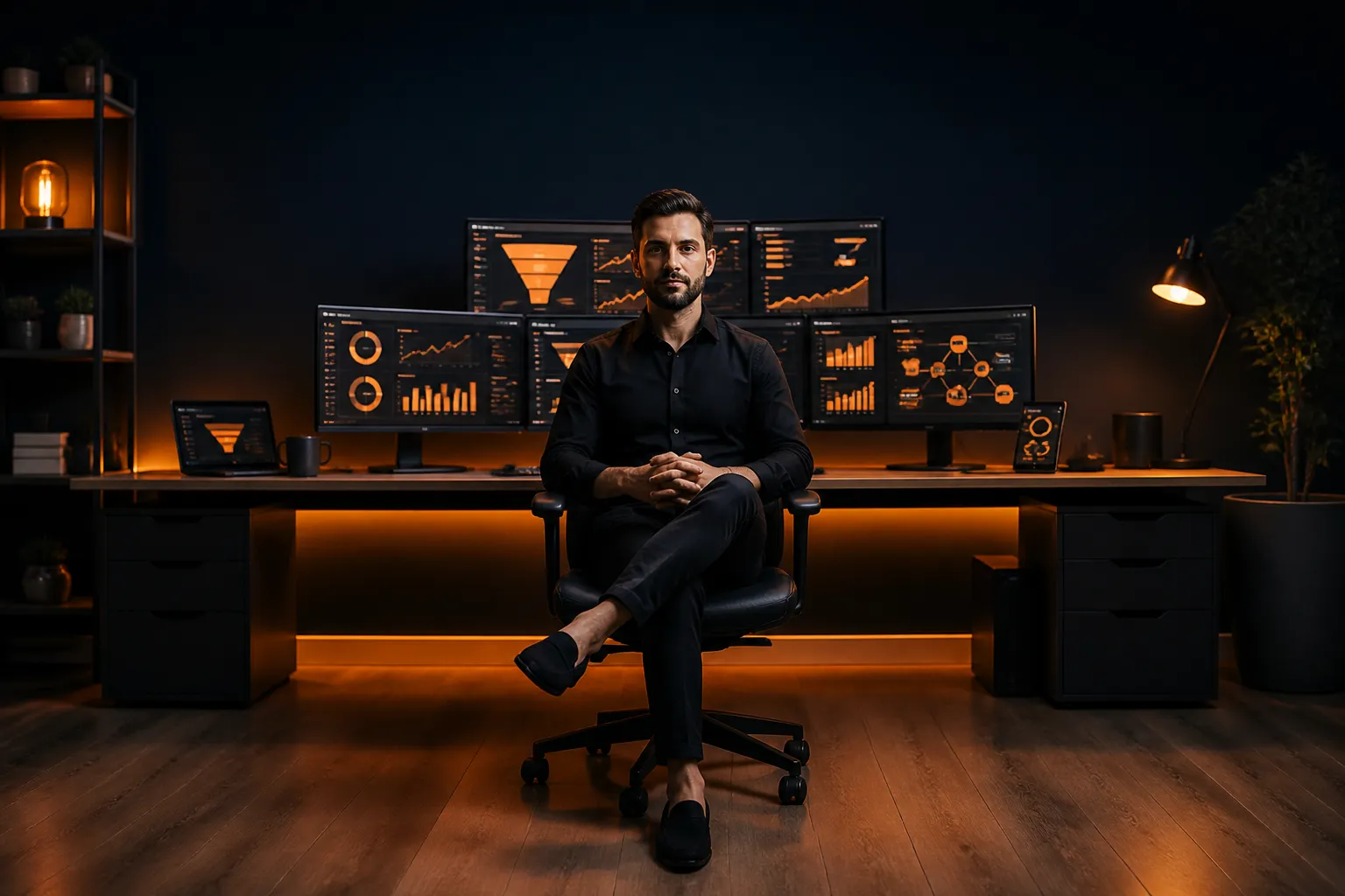 Business professional reviewing AI-powered marketing dashboards across multiple industries on a sleek dark interface